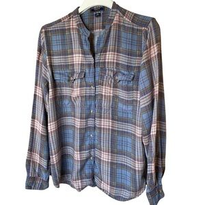 Chaps Denim Blue and Light Brown Plaid Flannel Shirt, XL